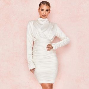 House of CB Ivory Satin Draped Mini Dress